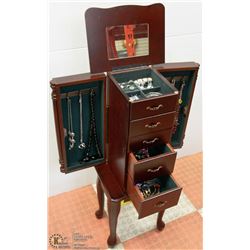 FREE STANDING JEWELRY CABINET WITH CONTENTS.