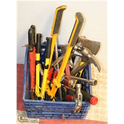 CRATE OF LARGE HAND TOOLS INCL AXE, HAMMERS, BOLT