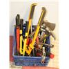 Image 1 : CRATE OF LARGE HAND TOOLS INCL AXE, HAMMERS, BOLT