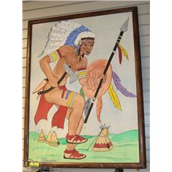 ORIGINAL NATIVE WARRIOR PAINTING IN WOOD FRAME