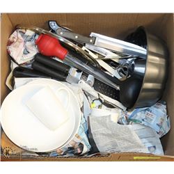 ESTATE BOX OF DISHES, CAN OPENER, TURKEY