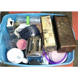LARGE TOTE OF HOUSEHOLD APPLIANCES AND DECOR