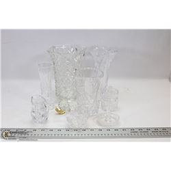 9 VARIOUS CRYSTAL GLASS VASES,CREAM + SUGAR ETC