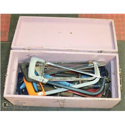 PINK WOOD TOOL BOX WITH MANY ASSORTED TOOLS INCL