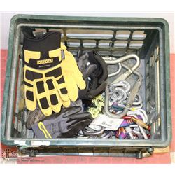 MILK CRATE WITH ASSORTED WORK GLOVES AND