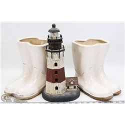 PAIR OF BOOT PLANTERS & VINTAGE LIGHTHOUSE