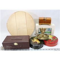 BOX OF OLD TINS AND WOOD TRINKET BOXES