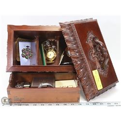 ESTATE BOX W VARIOUS JEWELRY, VINTAGE ITEMS ETC