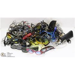 LARGE BOX OF SAFETY GLASSES AND SUNGLASSES