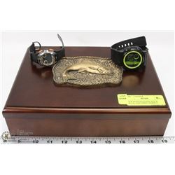 NEW WOOD KEEPSAKE BOX W/ METAL FISH EMBELLISHMENT