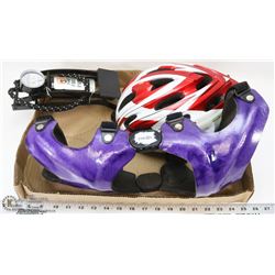 LOT OF FOOT PUMP AND CYCLE HELMET ,KNEE BRACELET,