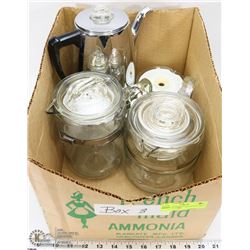 3) BOX OF PYREX COFFEE POTS INCL ELECTRIC, CORD