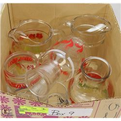 9) BOX WITH 2 PITCHERS, 4 JUICE CONTAINERS,