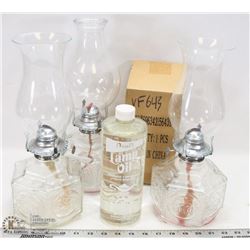 LOT OF 3 OIL LAMPS WITH EXTRA SHADE & OIL