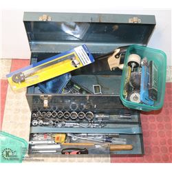 BLUE METAL TOOL BOX WITH CONTENTS.
