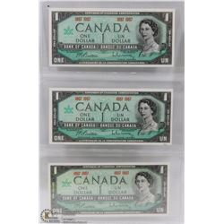 SET OF 3 UNC 1867-1967 CENTENNIAL DOLLAR BILLS.