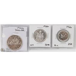 CANADA 1966 DOLLAR, 50 CENT & 25 CENT COINS.