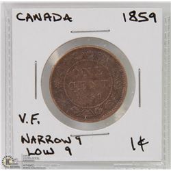 1859 CANADA ONE CENT - NARROW 9 / LOW 9