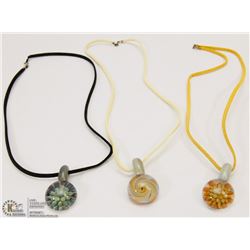LOT OF 3 HANDMADE GLASS LAMPWORK PENDANTS ON