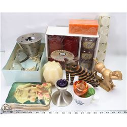 BOX OF ORNAMENTS AND NEW CANDLES