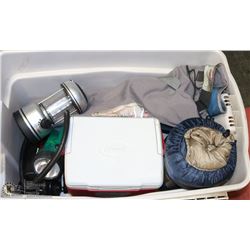 BIN W/CAMPING GEAR - COLEMAN COOLER,