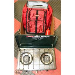LARGE BOX W/COLEMAN 2 BURNER CAMP