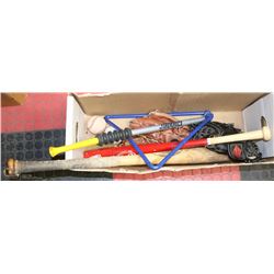 BOX W/BASEBALL EQUIPMENT INCL. 2 BATS,