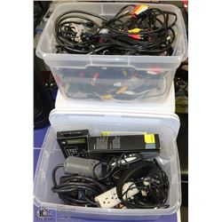 3 SMALL TOTES WITH ELECTRICAL CORDS, COMPONENTS