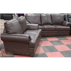 NEW BROWN LEATHERETTE NAILHEAD SOFA AND LOVE SEAT