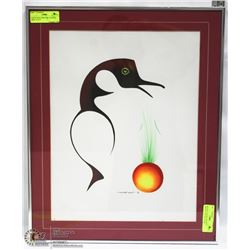 WHITE WOLF PRINT OF A NATIVE BIRD. 21"X17"