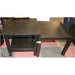 2 DARK BROWN END TABLES , 1 WITH SHELF.