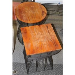 TWO BLACK METAL AND WOOD TOPPED END TABLES