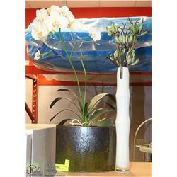 TWO DECORATIVE PLASTIC FLOWERS ONE IN WHITE GLASS