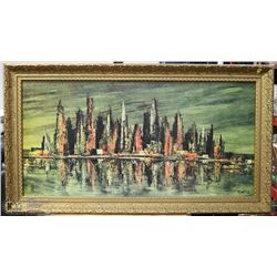 LARGE CITY SCENE GOLD TONE FRAMED PICTURE