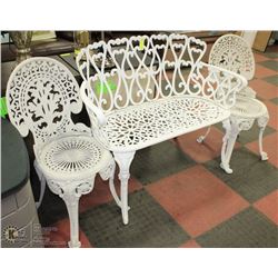 SET OF WHITE CAST IRON BENCH AND TWO CHAIRS.,