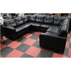 LARGE BLACK LEATHER C-SHAPED SECTIONAL
