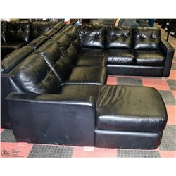 LARGE BLACK LEATHER CHAISE LOUNGE SECTIONAL