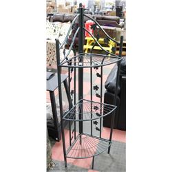 GREEN METAL CORNER STAND WITH 3 SHELVES