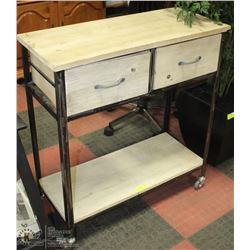 LIGHT WOOD AND BLACK METAL TWO DRAWER TABLE ON