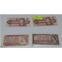 LOT OF 4 CANADIAN $2 DOLLAR BILLS INCL YEARS 1954,
