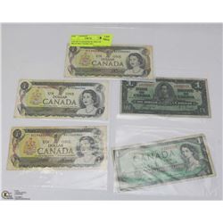 LOT OF 5 CANADIAN $1 DOLLAR BILLS INCL YEARS 1937,