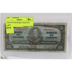 CANADIAN $5.00 BILL YEAR 1937