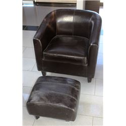 BROWN LEATHERETTE CHAIR WITH OTTOMAN