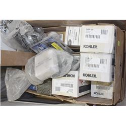 BOX OF KOHLER DRAINS, STRAINERS AND ASST. HARDWARE