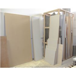 RACK WITH ASSORTED SHEETS OF MDF AND VINYL