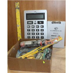 BOX OF ASSORTED CARPENTRY TOOLS  & MORE