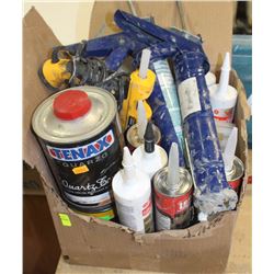 BOX OF ASSORTED ADHESIVES, SILICONES AND MORE