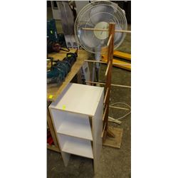 SMALL 3 TIER SHELF, HANGING TREE AND FLOOR FAN