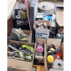 LOT OF CLAMPS, RESPIRATORS, SANDING DISKS AND MORE