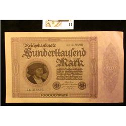 1923 Unc 100,000 mark German note.